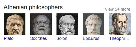 Row of thumbnail images of four ancient Greek male philosophers' sculpted heads plus one thumbnail painted image of a fifth male philosopher's face