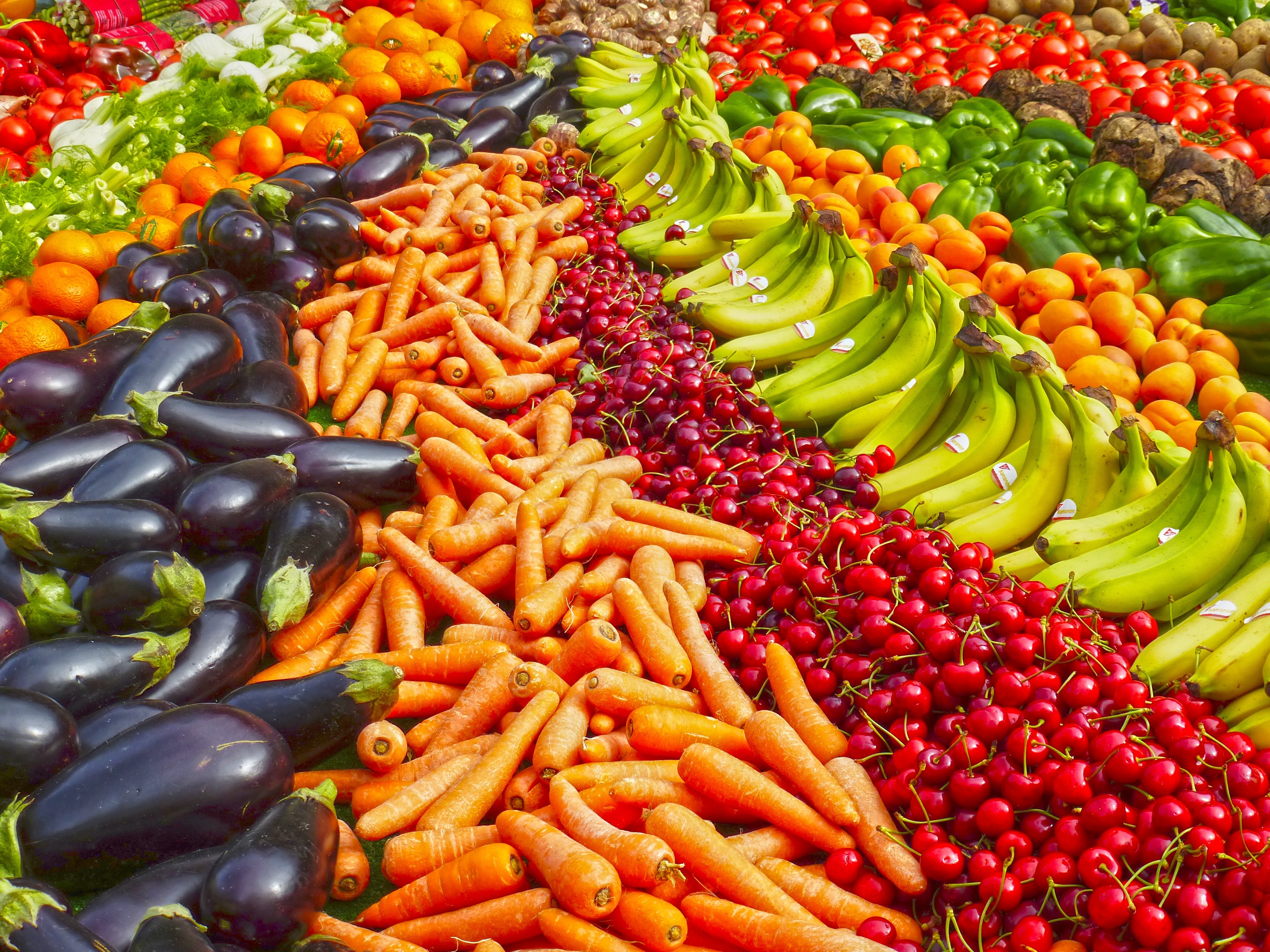 Photo of multiple rows of fruits and vegetables, including bananas, cherries, vegetables, eggplants, carrots, green peppers, oranges, and tomatoes