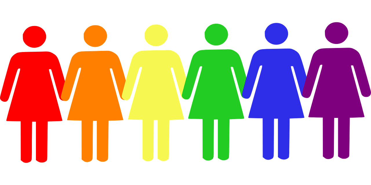 Digital illustration of paper cutout figures in red, orange, yellow, green, blue and purple